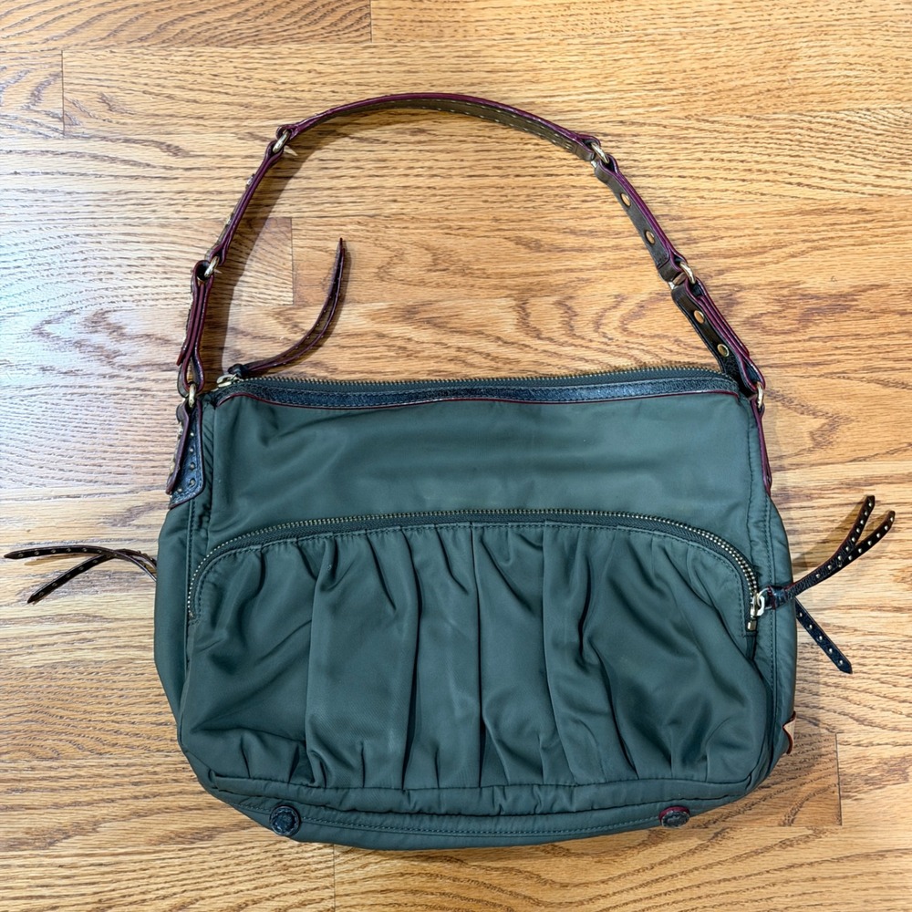 MZ Wallace Paige Olive Green Nylon Shoulder Bag Leather Trim Studded Strap - Picture 2 of 16
